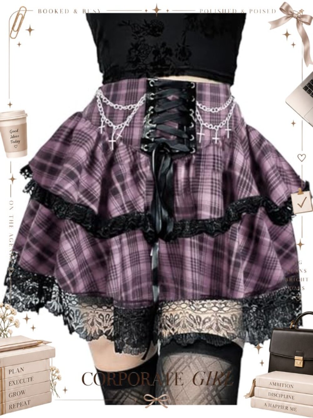 Gothic Lace Ruffle Mini Skirt Set Tie Waist Chain A-Line